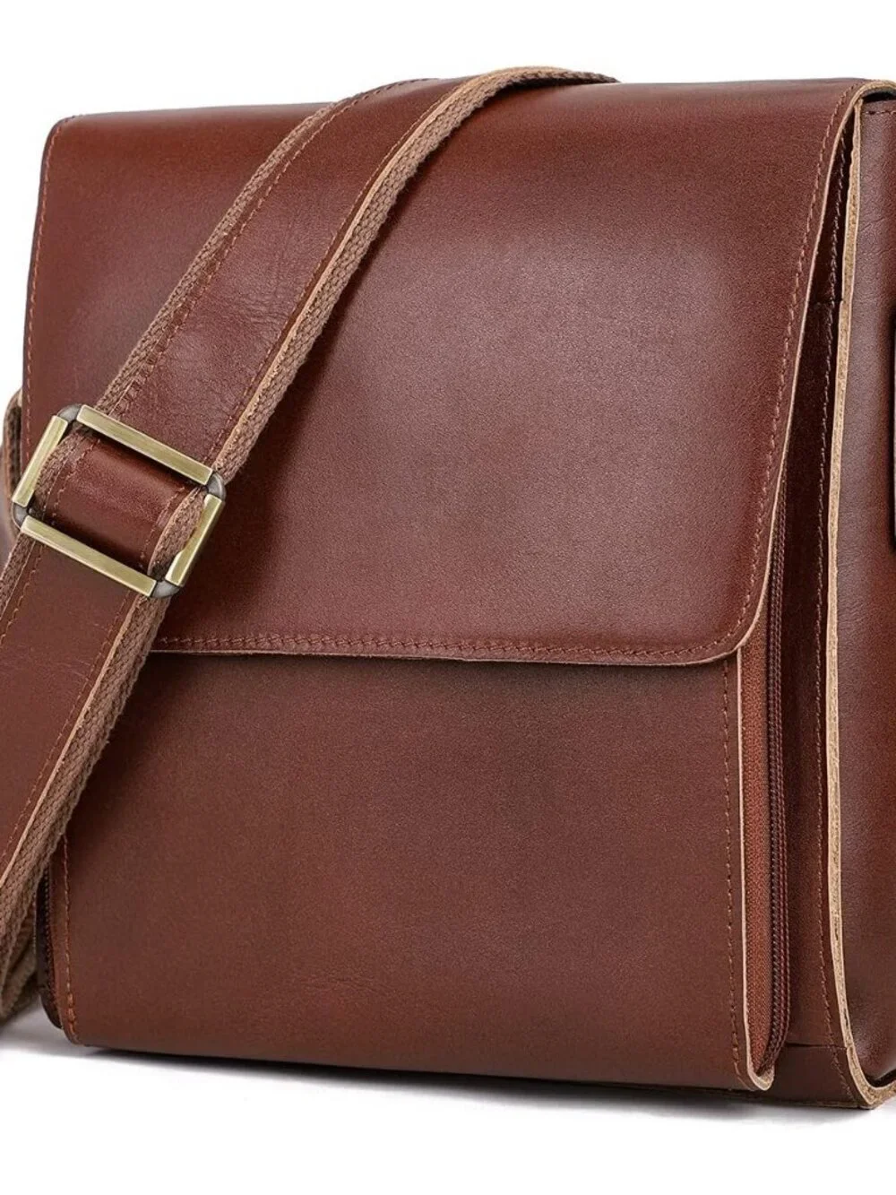 Men's Brown Red Genuine Leather Crossbody Travel Metal Zipper Messenger Hand Bag